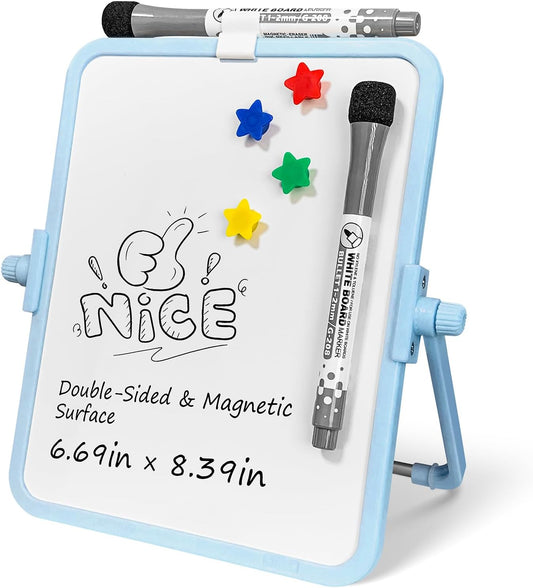 Colorful Dry Erase White Board 8.3x11in, Magnetic Desktop Board with Stand, 2 Markers (Eraser Head), 4 Magnets - Double-Sided Easel for Daily Planning, Memo, Office/Home/School (Blue)