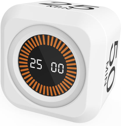 Rotating Cube Pomodoro Timer 5, 25, 10, 50 Min Preset + Custom Countdown, Desk Productivity Flip Visual Timer w/Silicone Case, Silent Mode, Ideal for ADHD Tool Study Work School (Black)