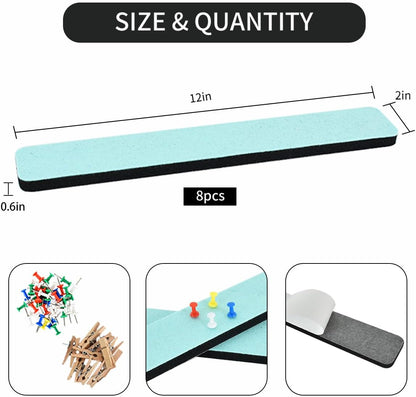 Vuzvuv 8 pcs Bulletin Board Bar Strips with 50 Pushpins & 10 Wooden Clip pins，Self Adhesive Cork Board for Wall，Felt Pin Board for School，Office Decor（Black White Grey）