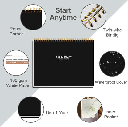 Weekly Productivity Planner - 8.5" x 11" Dashboard Desk Notepad Has 6 Focus Areas to List Tasks for Goals, Projects, Clients, Academic or Meal-Organize Your Daily Work Efficiently, 54 Weeks, Green