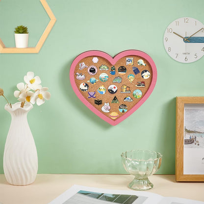 BENECREAT Pearl Pink Heart Pin Cork Board, 7.8x7.1inch Bulletin Display Board Wall Mounted Cork Board with Pink Frame for Brooch Pin Storage Display, Office Home and School Decor
