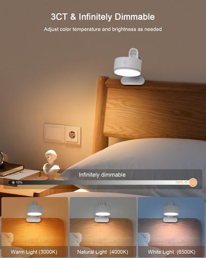 Clip on Light with 5000mAh Rechargeable Battery Operated, Eye Care Reading Light for Bed with 360° Rotation Touch & Remote, USB Clamp Light with 3 Color Modes & Dimmable for Headboard Bedside (white)