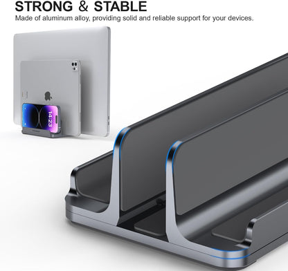 YICOSUN Dual-Slot Aluminum Vertical Laptop Stand for Desk - Adjustable Width Dock for MacBook, Surface, Samsung, HP, Dell up to 17.3 inches - Space-Saving & Protective Design - Gray