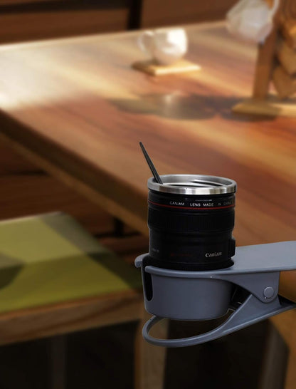 Drinking Cup Clip, Desk Cup Holder, Table Edge Clamp - Place Water Glass, Coffee Mug, Beverage, Cell Phone. Best Office Accessories (Black)
