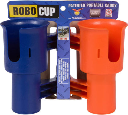 ROBOCUP, (White), Patented Clamp On Boat Cup Holder |Multifunction Dual Drink Caddy for Fishing Poles, Tools, Net, Gaff |Portable Storage for Boating, Beach, Umbrellas, Golf Carts, Strollers