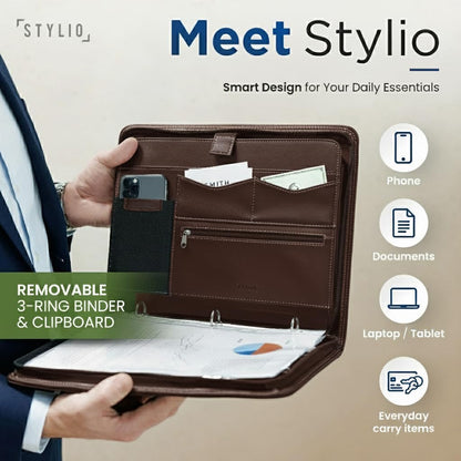 STYLIO Zipper Padfolio Portfolio Binder Organizer | Faux Leather Portfolio for Resume, Documents, Phone, Tablet, Business Supplies and Cards | Notebook Organizer with Letter Sized Notepad Included