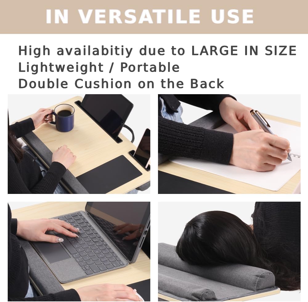 Japard Laptop Lap Desk with Mousepad, Cushion, Wide 21", Fits up to 15.6 inch, Portable Handle, Tablet Pen Phone Holder Wood Natural Home Office Gift