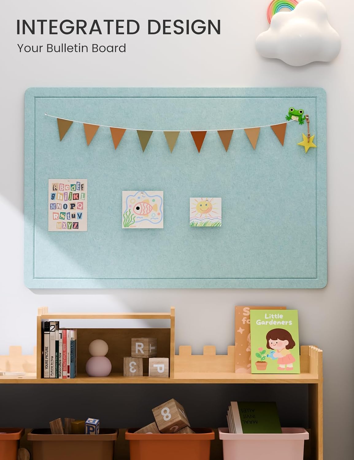 Fluxynara Bulletin Board, 23.6" x 17.5" Cork Board Alternative with 12 Safe Removable Adhesive Tabs, Foldable Felt Pin Board for Home Office, Classroom, Bedroom,Entryway for Walls—Sage