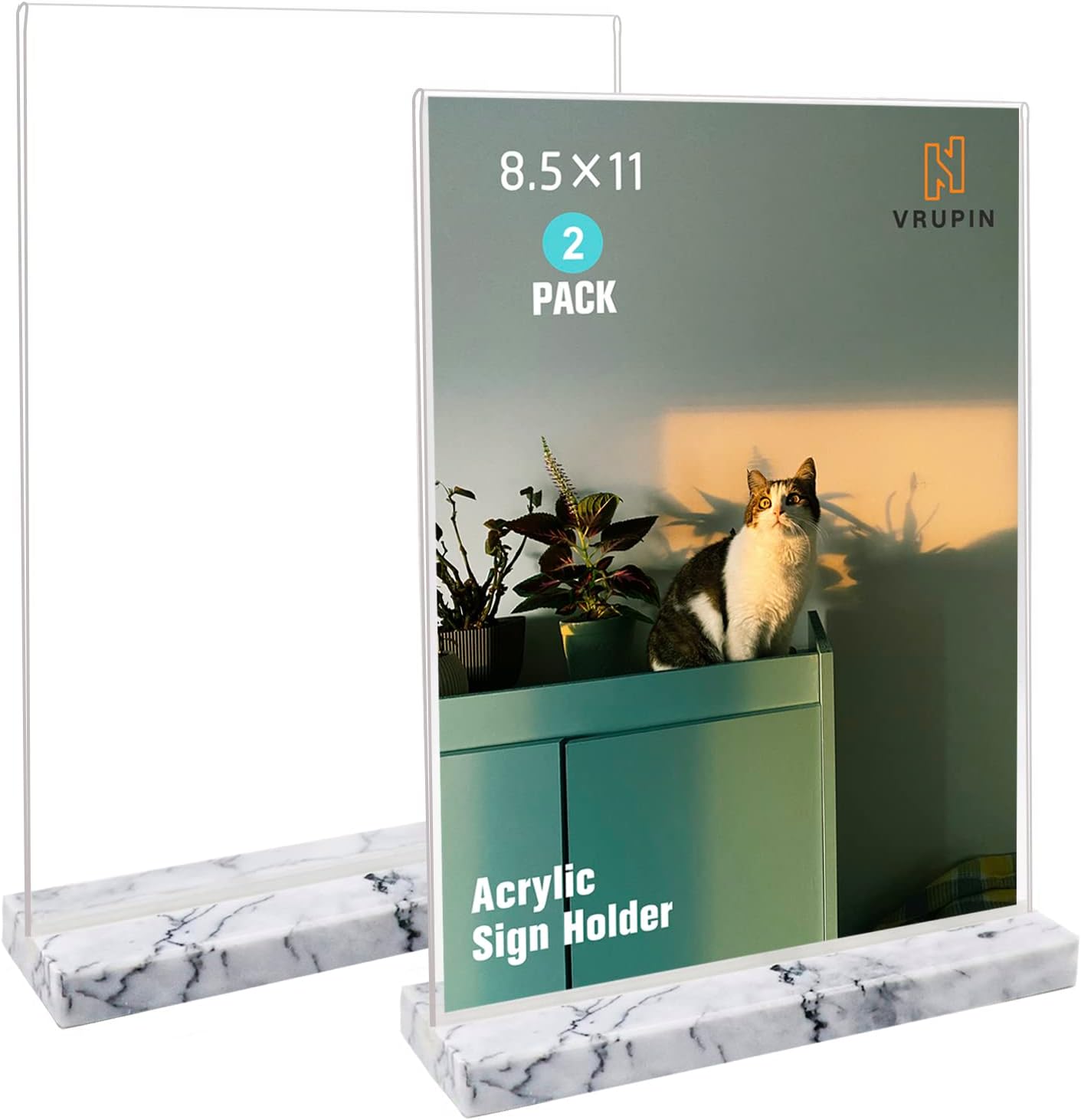 vrupin 2 Pack 8.5x11 Acrylic Sign Holder, Acrylic Frame Natural Marble Base, Clear Plastic Sign Holder Picture Photo Frames, Flyer Document Paper Display Stand for Office Desktop (black marble)