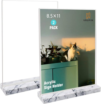vrupin 2 Pack 8.5x11 Acrylic Sign Holder, Acrylic Frame Natural Marble Base, Clear Plastic Sign Holder Picture Photo Frames, Flyer Document Paper Display Stand for Office Desktop (black marble)