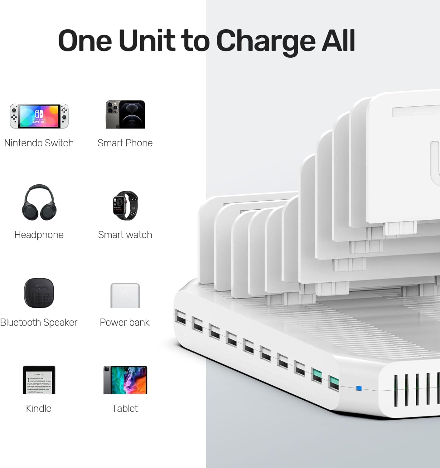 Unitek Multi Charging Station, 10-Port USB Charger for Multiple Device with SmartIC Tech and Adjustable Dividers, Organizer Stand Compatible with iPad, Tablet, Kindle, iPhone
