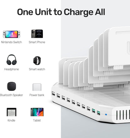 Unitek Multi Charging Station, 10-Port USB Charger for Multiple Device with SmartIC Tech and Adjustable Dividers, Organizer Stand Compatible with iPad, Tablet, Kindle, iPhone