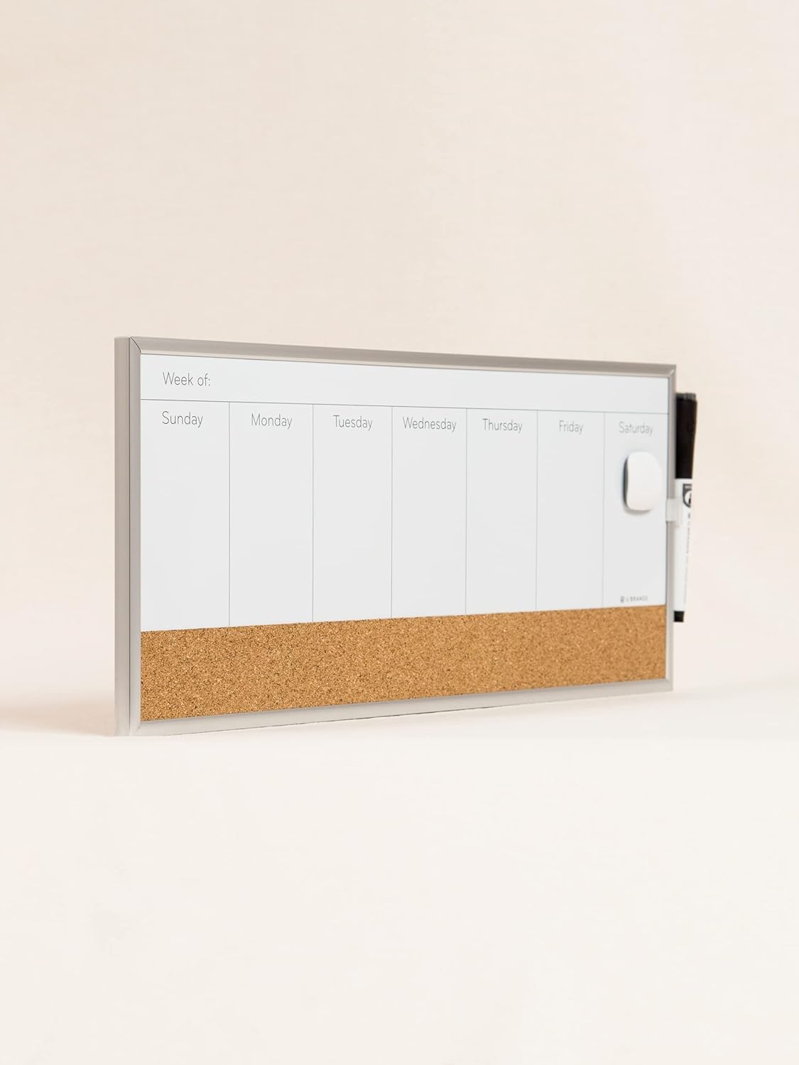 U Brands Magnetic Dry Erase Weekly Calendar White Board With Cork Strip, 18" x 7.5", Silver Aluminum Frame, Includes Magnet, Marker
