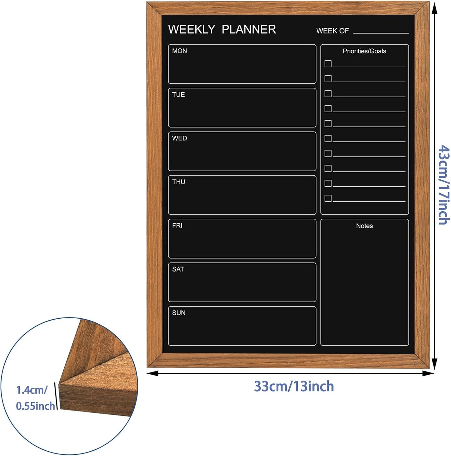 Calendar Weekly Chalkboard, 10.6" * 14.6", Magnetic Surface Rustic Brown Solid Pine Wood Frame Black Board for Office, School and Home(ZLHB-QZ-2737)