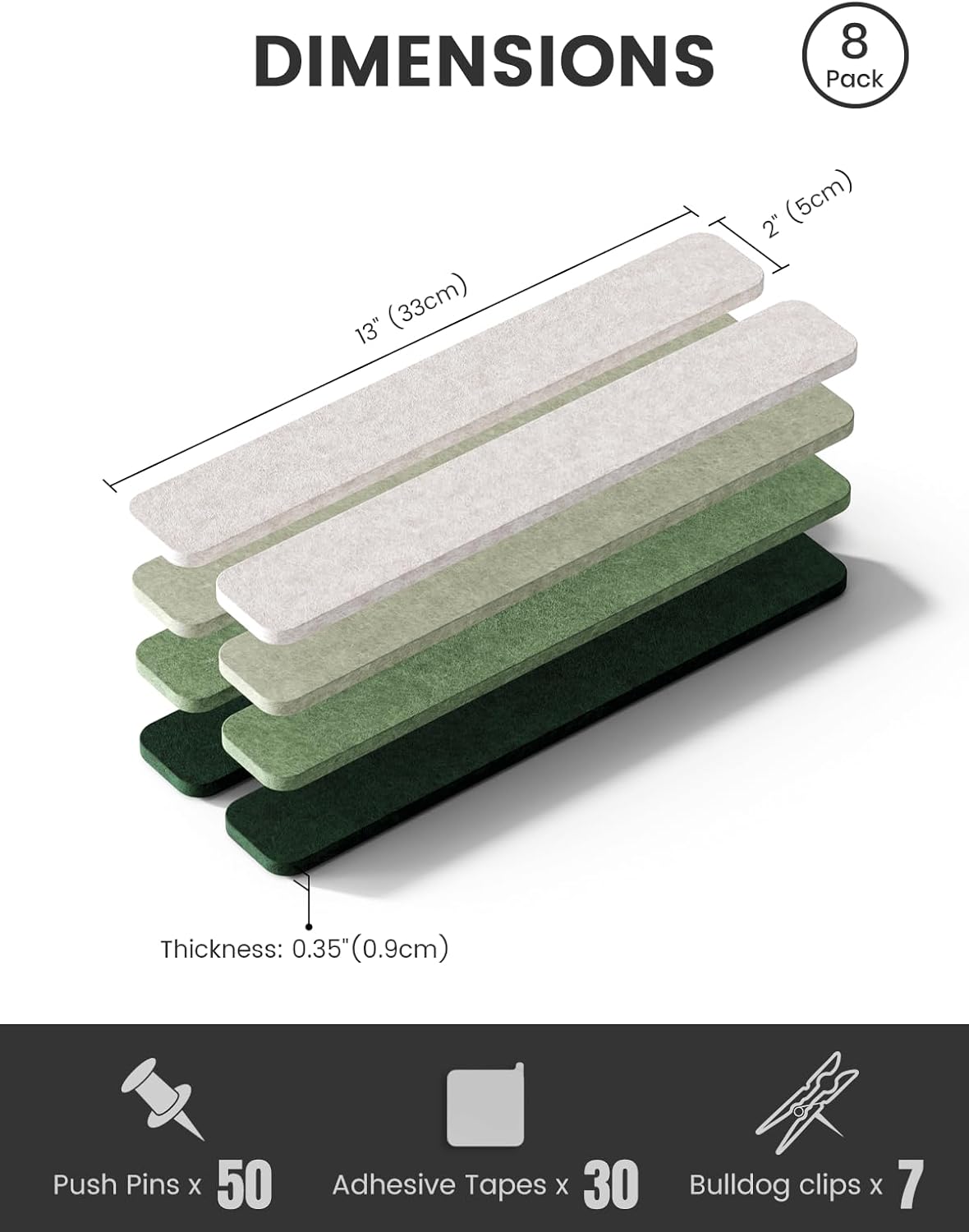 Fluxynara Cork Board Alternative Felt Strip Board 8-Pack 13"x2", Office Pin Board with 50 Push Pins, Adhesive Install for Bedroom Door & Home Office(Linen Dusk)