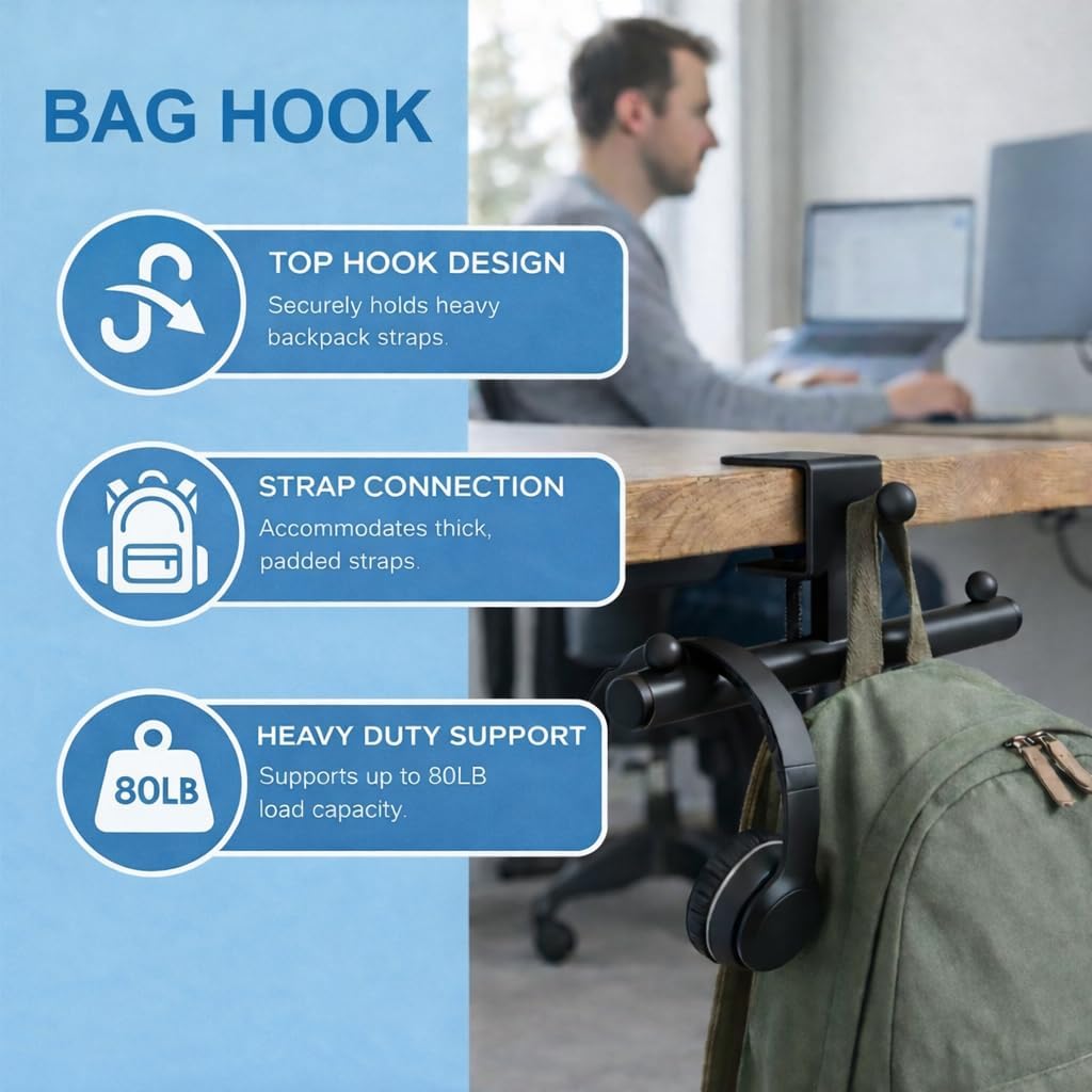 Heavy-Duty Backpack Hanger for Desk & Table, Adjustable Desk Hook for Bag with 80lb Capacity, T-Shape Backpack Holder & Purse Hook for Table, Clip-On Desk Bag Hook for Office Classroom Home