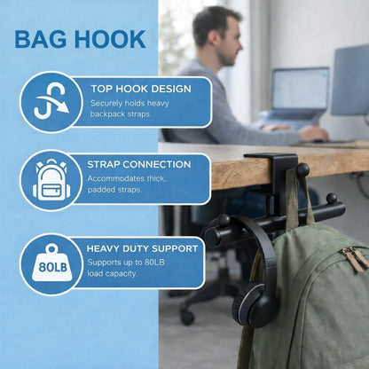 Heavy-Duty Backpack Hanger for Desk & Table, Adjustable Desk Hook for Bag with 80lb Capacity, T-Shape Backpack Holder & Purse Hook for Table, Clip-On Desk Bag Hook for Office Classroom Home