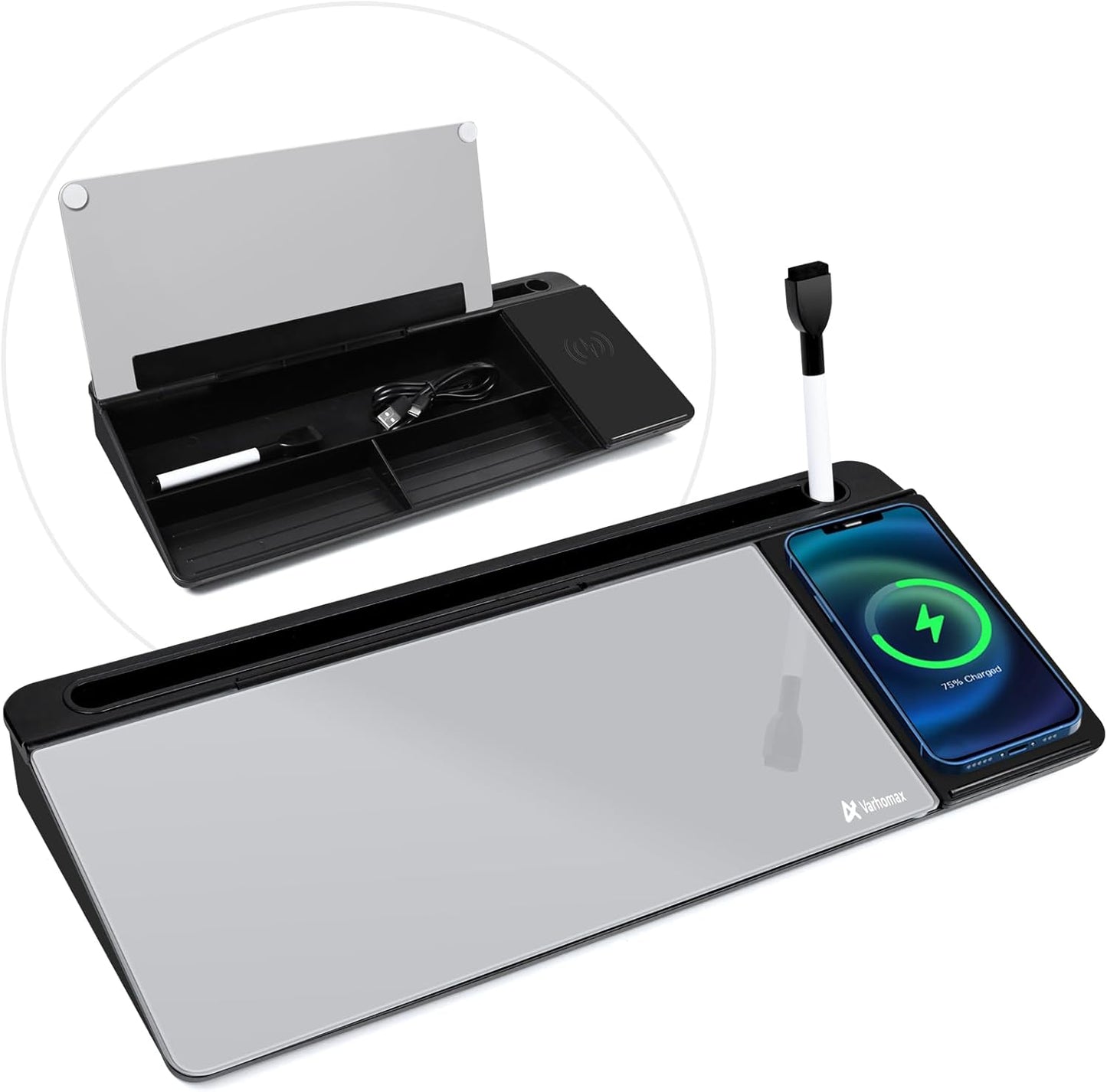 Varhomax Glass Weekly Planner Desk White Board, Desktop Calendar Whiteboard with Storage, to Do List Memo Caddy for Home Office and School Supplies, Black
