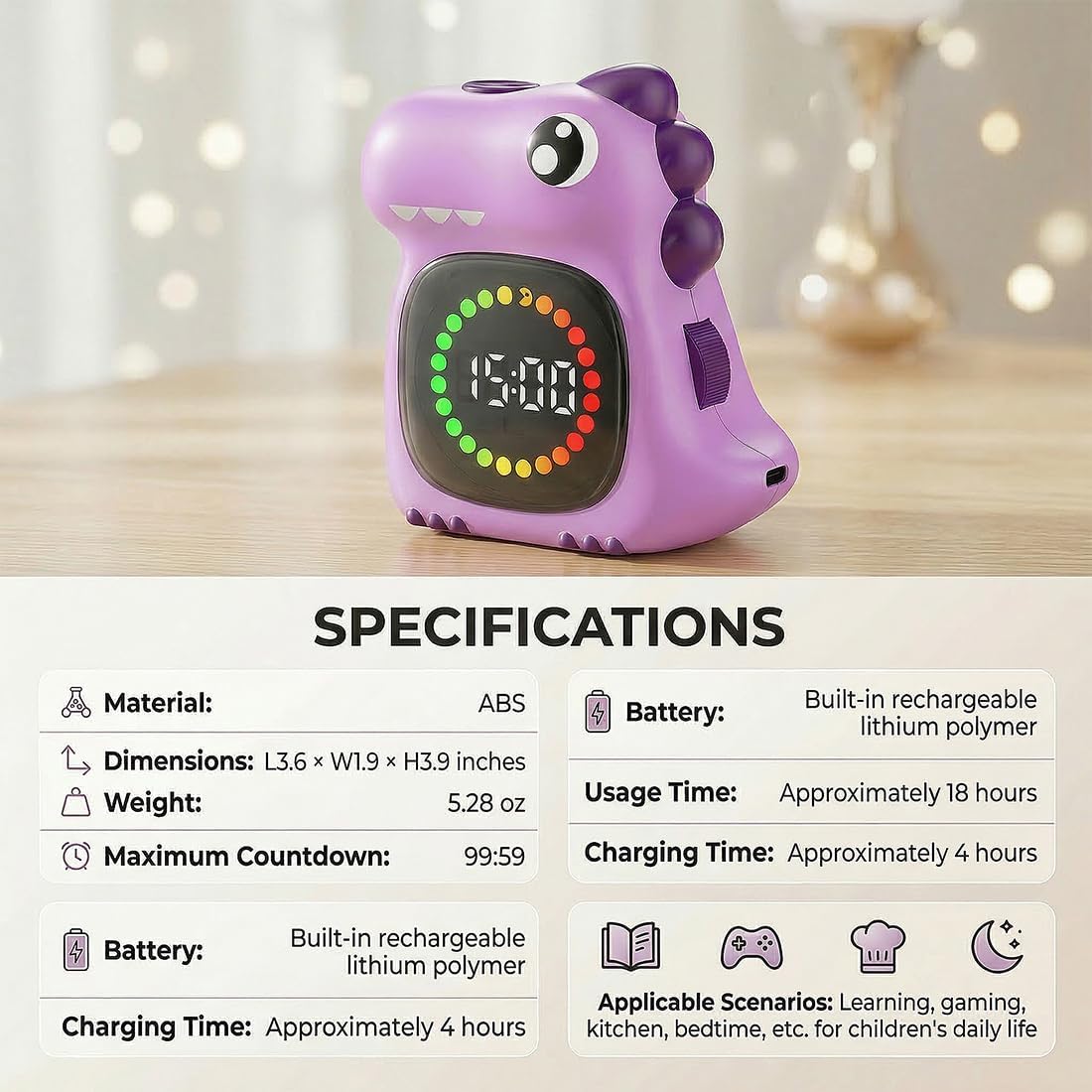 Visual Timer for Kids Light Blue Dinasuor Kids Timer Visual Led Rechargeable Toddler Timer Visual Countdown for Classroom Home Studing Playing