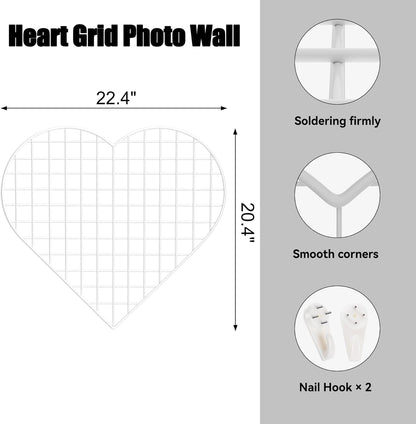 ECLENYES Grid Photo Wall Panels - 22.4"x20.4" Heart Shape Iron Rack Art Wire Board, Wall Grid Organizer, DIY Photo Frame for Home, Office, Kitchen, Bedroom, Christmas Gifts - Pink