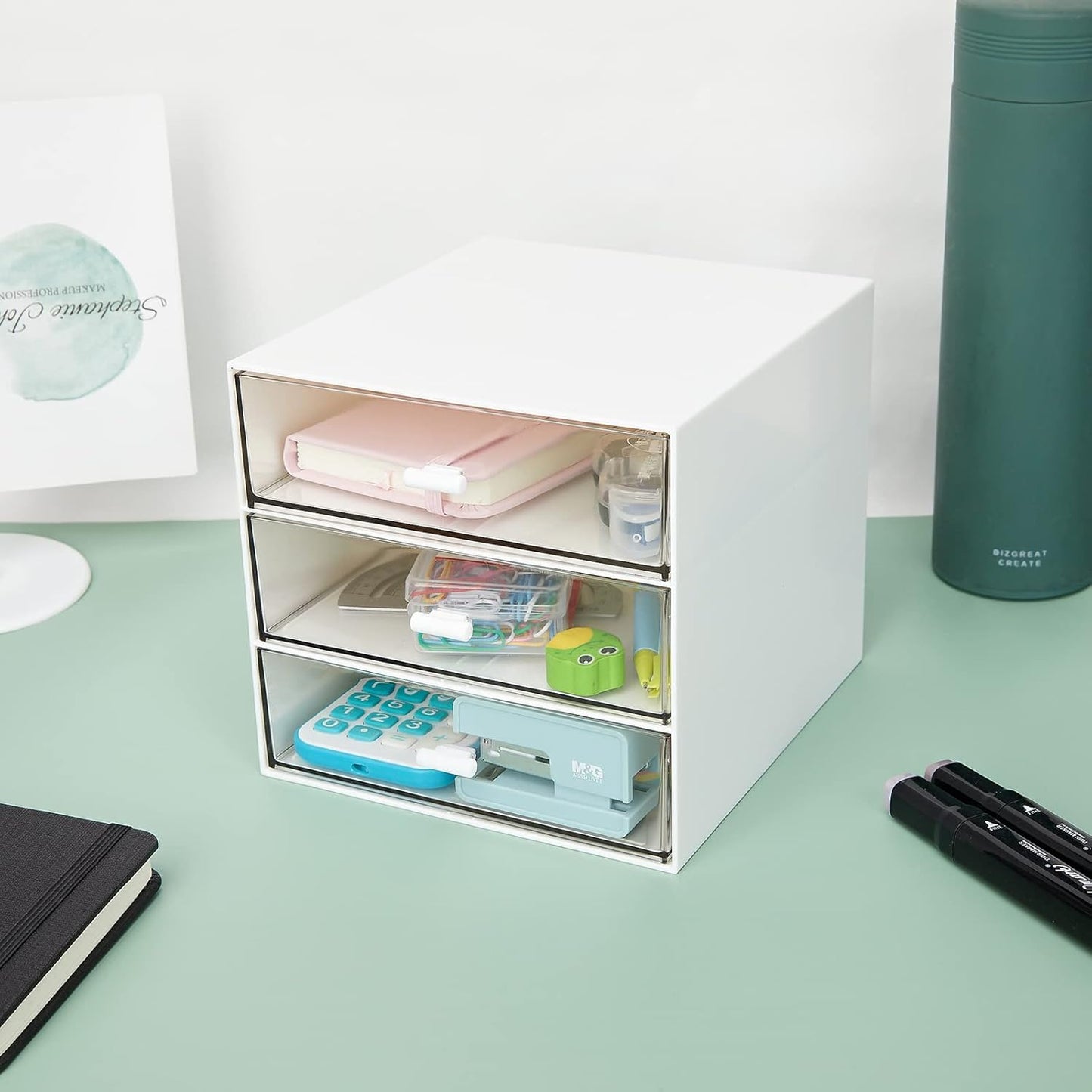 Desk Organizer with 4 Drawers, Clear Plastic Desk Storage Box, Desktop Organization for Office Supplies, Gel Pens, Pencils, Markers, Tape, Erasers, Paperclips, Chargers (White-4 Draws)