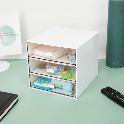 Desk Organizer with 4 Drawers, Clear Plastic Desk Storage Box, Desktop Organization for Office Supplies, Gel Pens, Pencils, Markers, Tape, Erasers, Paperclips, Chargers (White-4 Draws)