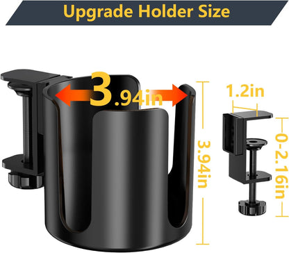 Desk Cup Holder Clip On 360° Rotating Clamp,Deeper Anti-Spill Drink Holders for Water Bottles & Coffee Mugs,Adjustable Clamp Fits Screw On Table for Drinks,Office,Gaming Desk,Home,Black