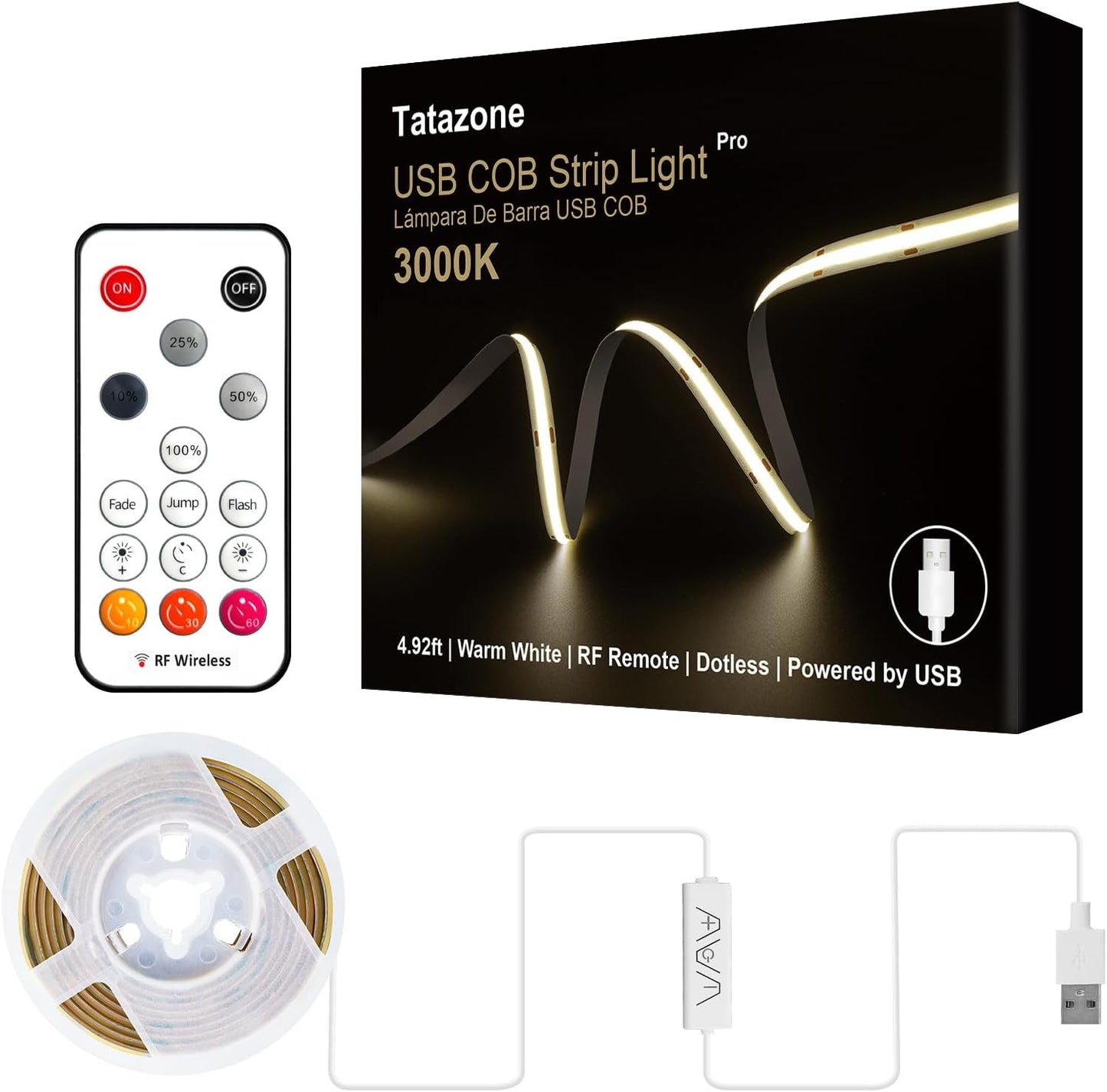Tatazone 5V USB COB Led Strip Light with RF Remote, 4.92ft 6500K CRI93+ USB Powered COB Led Light Strip, Dimmable Indoor COB Led Light for Cabinet, TV, Camping, Monitor, Showcase, Motorhome