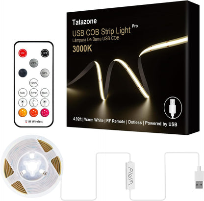 Tatazone 5V USB COB Led Strip Light with RF Remote, 4.92ft 6500K CRI93+ USB Powered COB Led Light Strip, Dimmable Indoor COB Led Light for Cabinet, TV, Camping, Monitor, Showcase, Motorhome