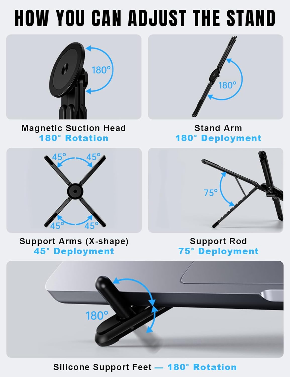 4-in-1 Foldable Laptop Stand & Magnetic Phone Holder, Silver Aerospace Aluminum Portable Desk Mount with N52 MagSafe Compatible Tripod Handle for MacBook Pro, iPad, Travel & Vlogging