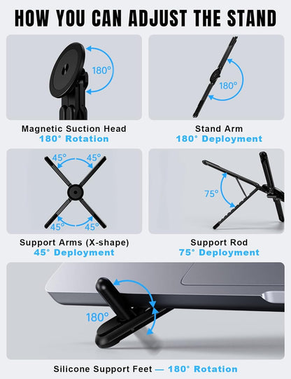 4-in-1 Foldable Laptop Stand & Magnetic Phone Holder, Silver Aerospace Aluminum Portable Desk Mount with N52 MagSafe Compatible Tripod Handle for MacBook Pro, iPad, Travel & Vlogging