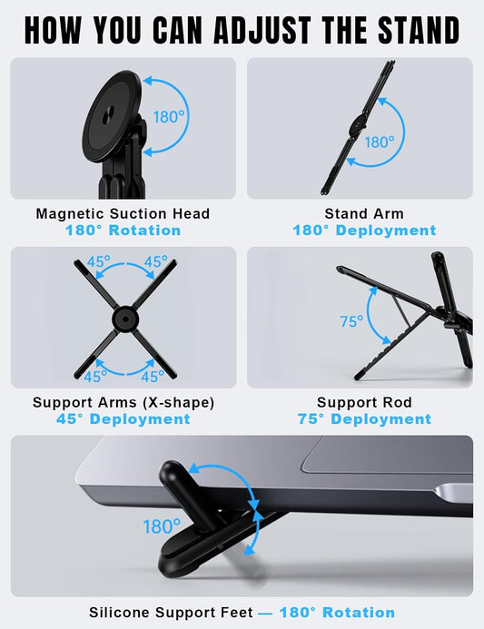 4-in-1 Foldable Laptop Stand & Magnetic Phone Holder, Silver Aerospace Aluminum Portable Desk Mount with N52 MagSafe Compatible Tripod Handle for MacBook Pro, iPad, Travel & Vlogging