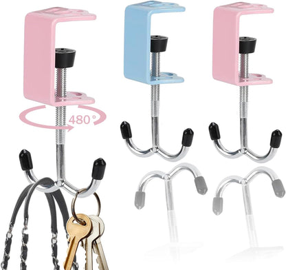 2Pcs Adjustable Purse Hooks for Table & Desk - 100lb Capacity Heavy-Duty Alloy Backpack Hanger, Multi-Use Purse Hanger for Handbag, Headphone, Umbrellas, Space-Saving Desk Organizer (Blue & Pink)