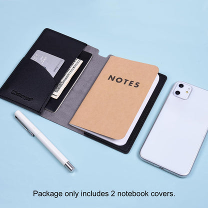 Wisdompro Journal Cover, 2 Pack PU Leather Notebook Cover for Field Notes, or other 3.5" x 5.5" Pocket Notebooks - Black