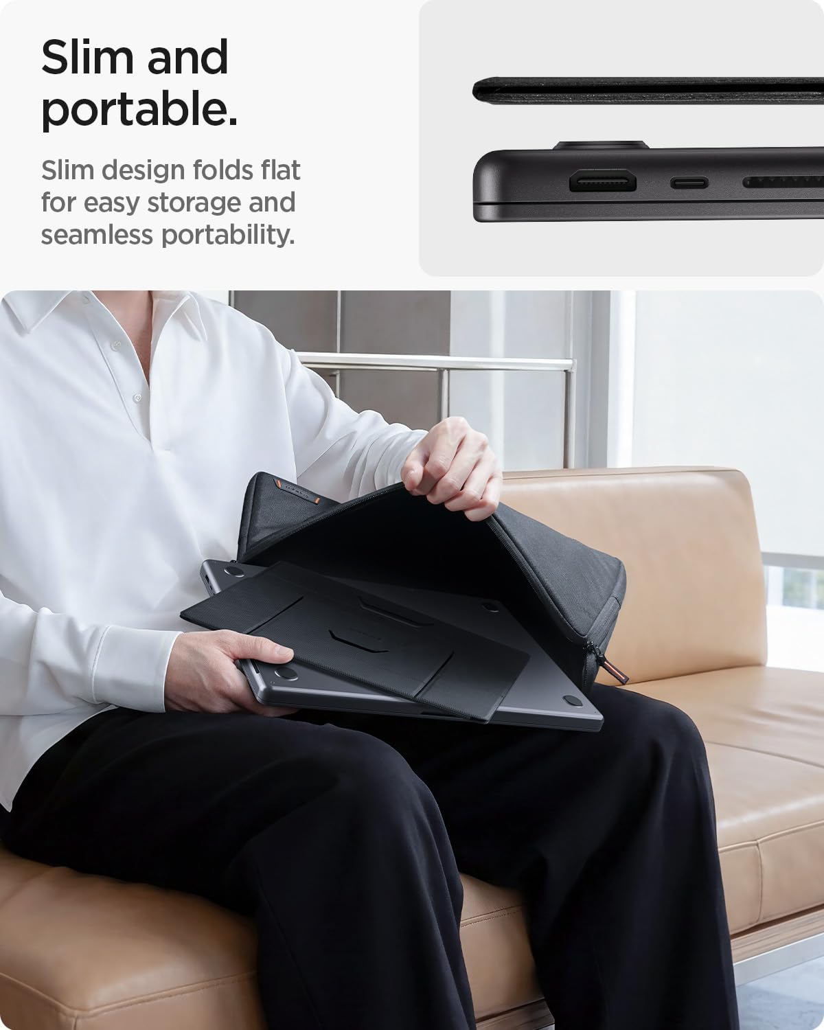 Spigen Slim Fold Portable Laptop Stand Keyboard Riser Foldable Ergonomic Angle Lift Anti-Slip Compatible with MacBook Neo, MacBook Air, MacBook Pro 11"-16" and iPad/Air/Pro and More - Black (LD201-S4)