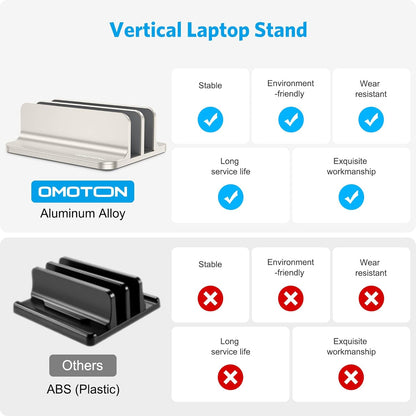 OMOTON Vertical Laptop Stand [Updated Double Version], Desktop Aluminum Mac Book Stand with Adjustable Dock Size, Fits All Mac Book, Surface, Chrome Book and Gaming Laptops (Up to 17.3 inch) (Black)