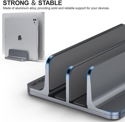 YICOSUN Dual-Slot Aluminum Vertical Laptop Stand for Desk - Adjustable Width Dock for MacBook, Surface, Samsung, HP, Dell up to 17.3 inches - Space-Saving & Protective Design - Gray