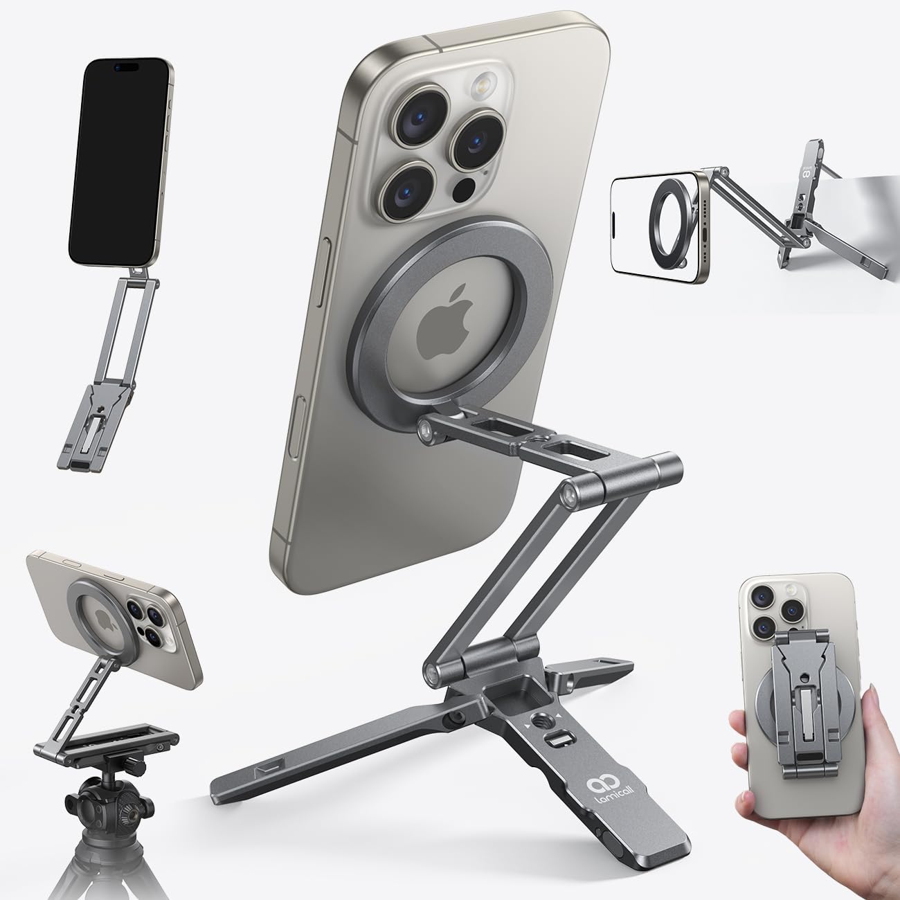 Lamicall for Magsafe Tripod Stand - [Ultra-Compact] Aluminium Magnetic Phone Tripod for iPhone 17/16 Pro Max, Flexible Cell Phone Mount Gift with 1/4" Screw, Arca & Hook Accessories Women Men Black