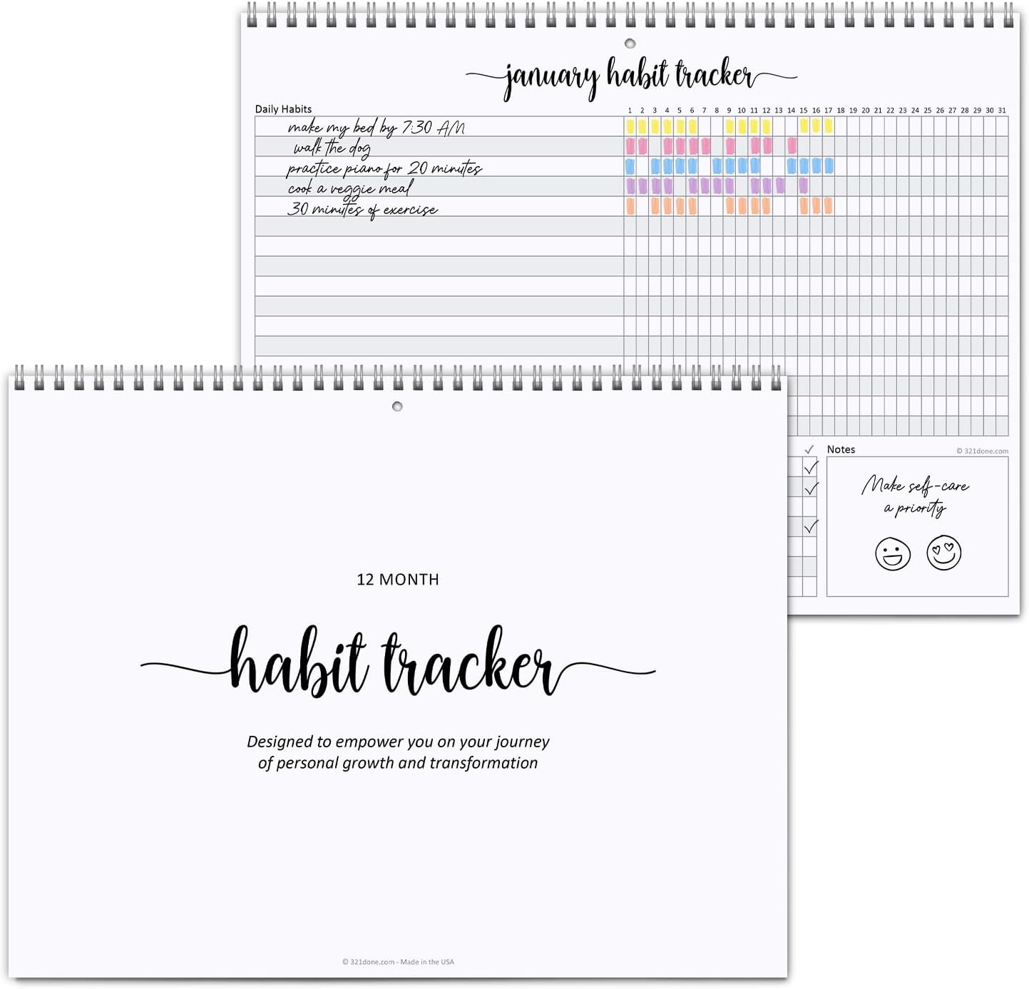 321Done Habit Tracker Calendar, Made in USA - 12 Months Wall Hanging Productivity Journal 8.5x11, Spiral Binding Undated Motivational Monthly Planner to Track Habits and Goals