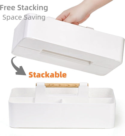 Acshio 2 Pack Plastic Portable Caddy with Handle, Stackable Art Office Supplies Storage Organizer with 5 Compartments, Multiuse Divided Craft Basket Bin Stationery Pen Holder for Home, Shower