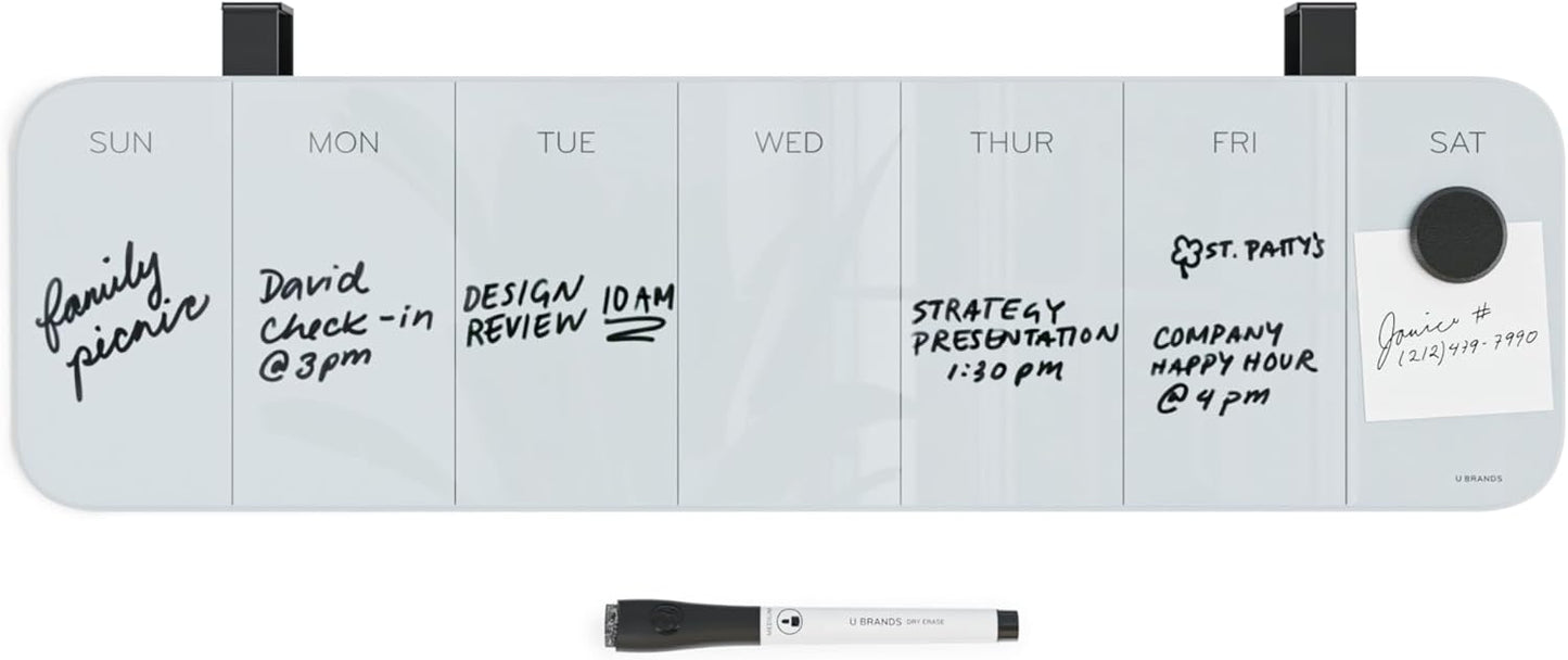 U Brands Magnetic Cubicle/Wall Glass Dry-Erase Weekly Calendar Board, 20" X 5.5" Inches, White Frosted Surface, Frameless