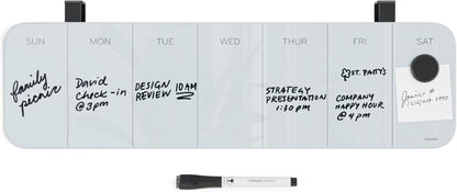 U Brands Magnetic Cubicle/Wall Glass Dry-Erase Weekly Calendar Board, 20" X 5.5" Inches, White Frosted Surface, Frameless
