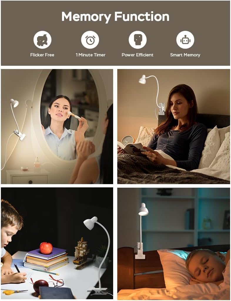 Clip on Lamp USB Reading Light, 3 Color Modes, 10 Brightness Dimmable, 360° Flexible Desk Lamp with Clamp, Eye Care Clip on Light for Bed Desk Headboard Home Dorm White
