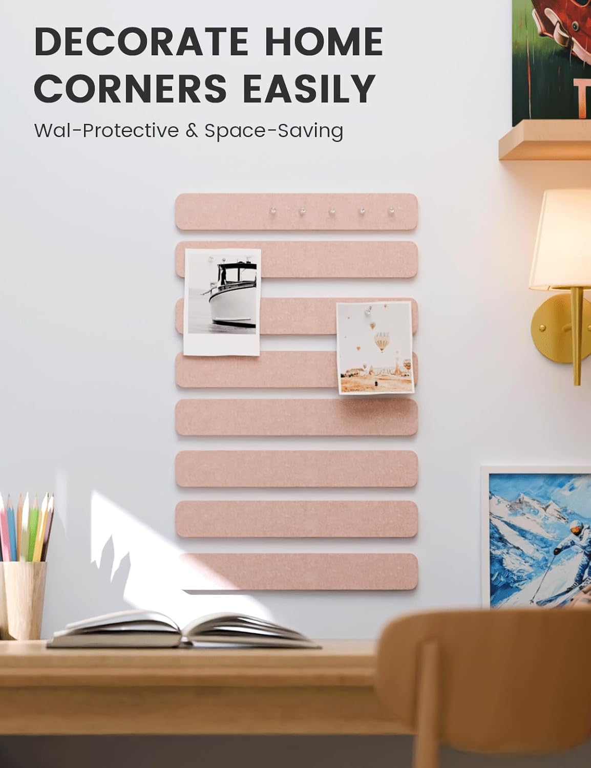 Fluxynara Cork Board Alternative Felt Strip Board 8-Pack 13"x2", Office Pin Board with 50 Push Pins, Adhesive Install for Bedroom Door & Home Office(Linen Dusk)