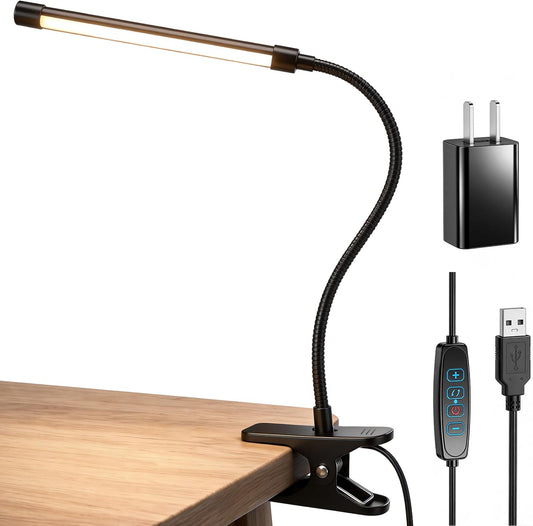 Clip on Reading Light for Books in Bed: Adjustable Dimmable Gooseneck Eye Caring LED Small Desk Table Lamps with Clamp: 3 Modes Lighting Night Lamp for Bed Headboard - Bedside（with Power Adapter）