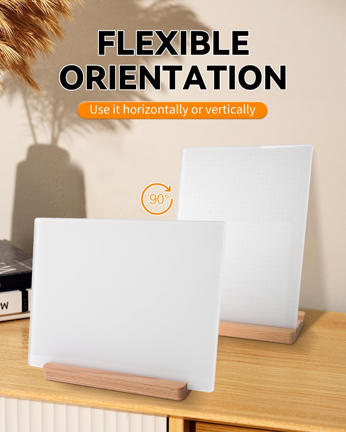 Dry Erase Acrylic Whiteboard 9x12 – White Surface or Dotted Grid – Desktop Writing Board with Wood Base – Reversible Horizontal & Vertical Display (Plain White)