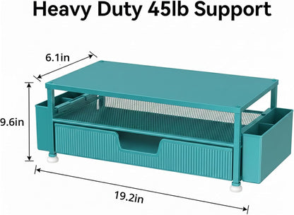 ECOLOVI Desk Organizer and Accessories, 2-Tier Computer Monitor Stand Rise with Storage Drawer & 2 Pen Holders, Laptop & Printer Stand for Desktop, Workspace Organizers for Office Supplies (Brown)