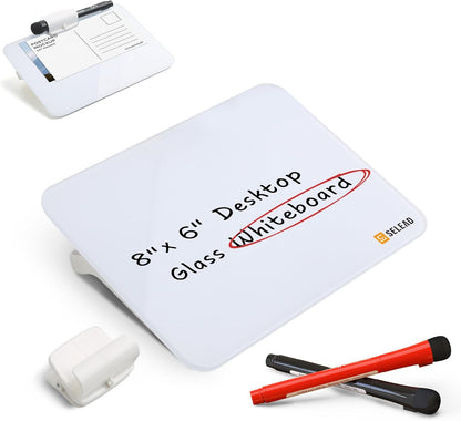 SELEAD Small Dry Erase White Board - 8"x6" Handheld Desktop Glass Clipboard with Pen Holder, Memo Note Whiteboard for Home Office, Reusable Tabletop Writing Teaching Pad