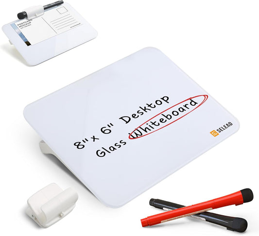 SELEAD Small Dry Erase White Board - 8"x6" Handheld Desktop Glass Clipboard with Pen Holder, Memo Note Whiteboard for Home Office, Reusable Tabletop Writing Teaching Pad