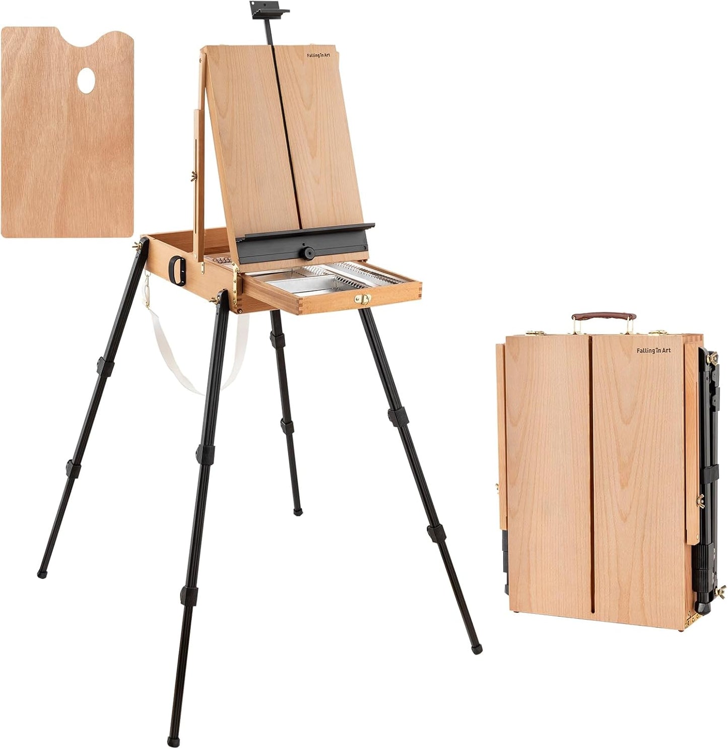 Falling in Art Light Weight French Style Field and Sketchebox Easel with Aluminum Tripod, Adjustable Beechwood Tripod Standing Easel with Drawer, Palette